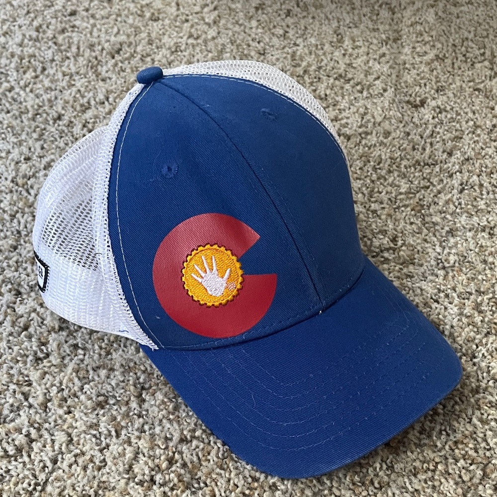Blue and White Trucker Hat with Left Hand Brewing Co. Logo